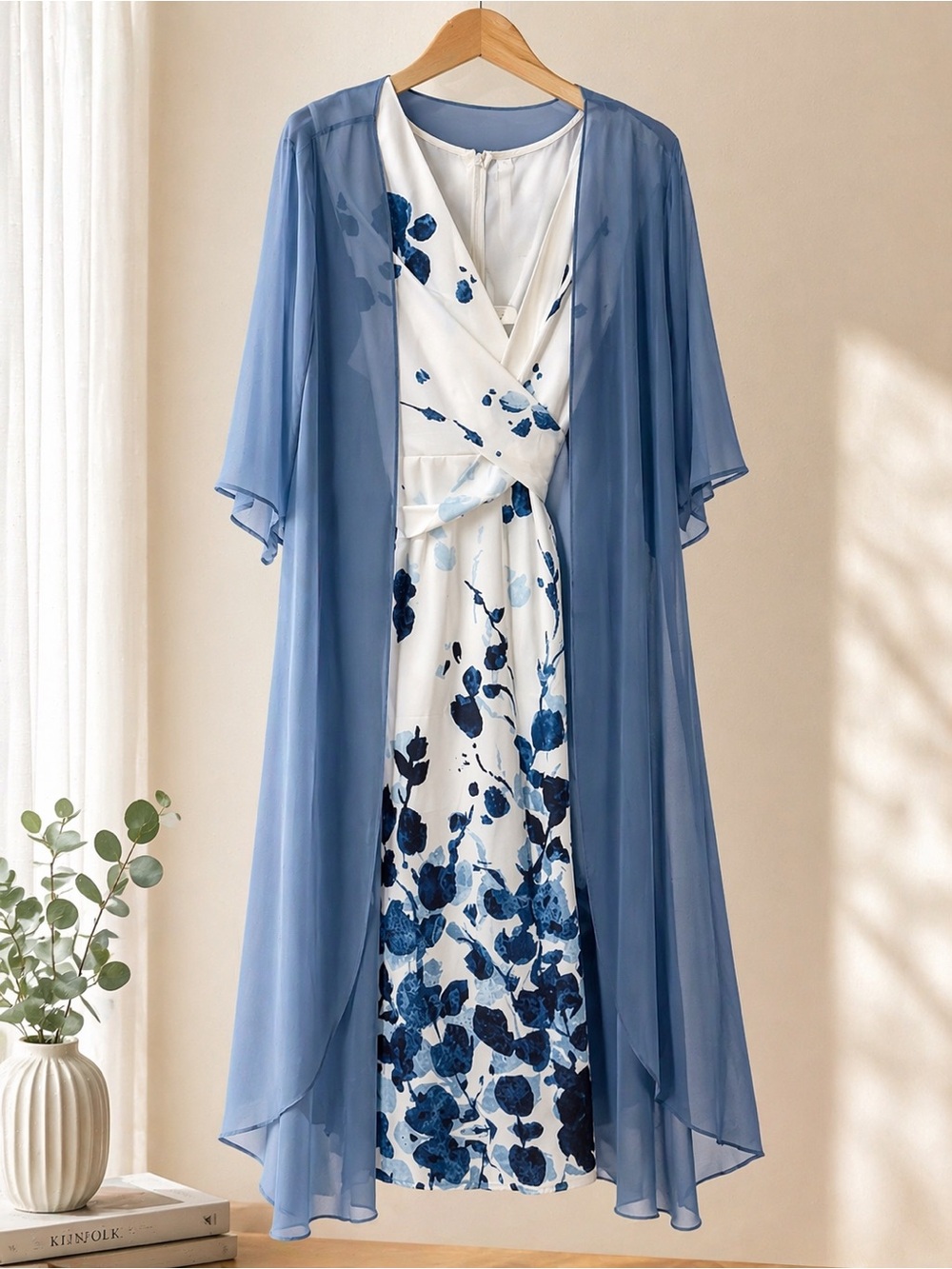 Blue Floral Wrap Dress with Sheer Duster